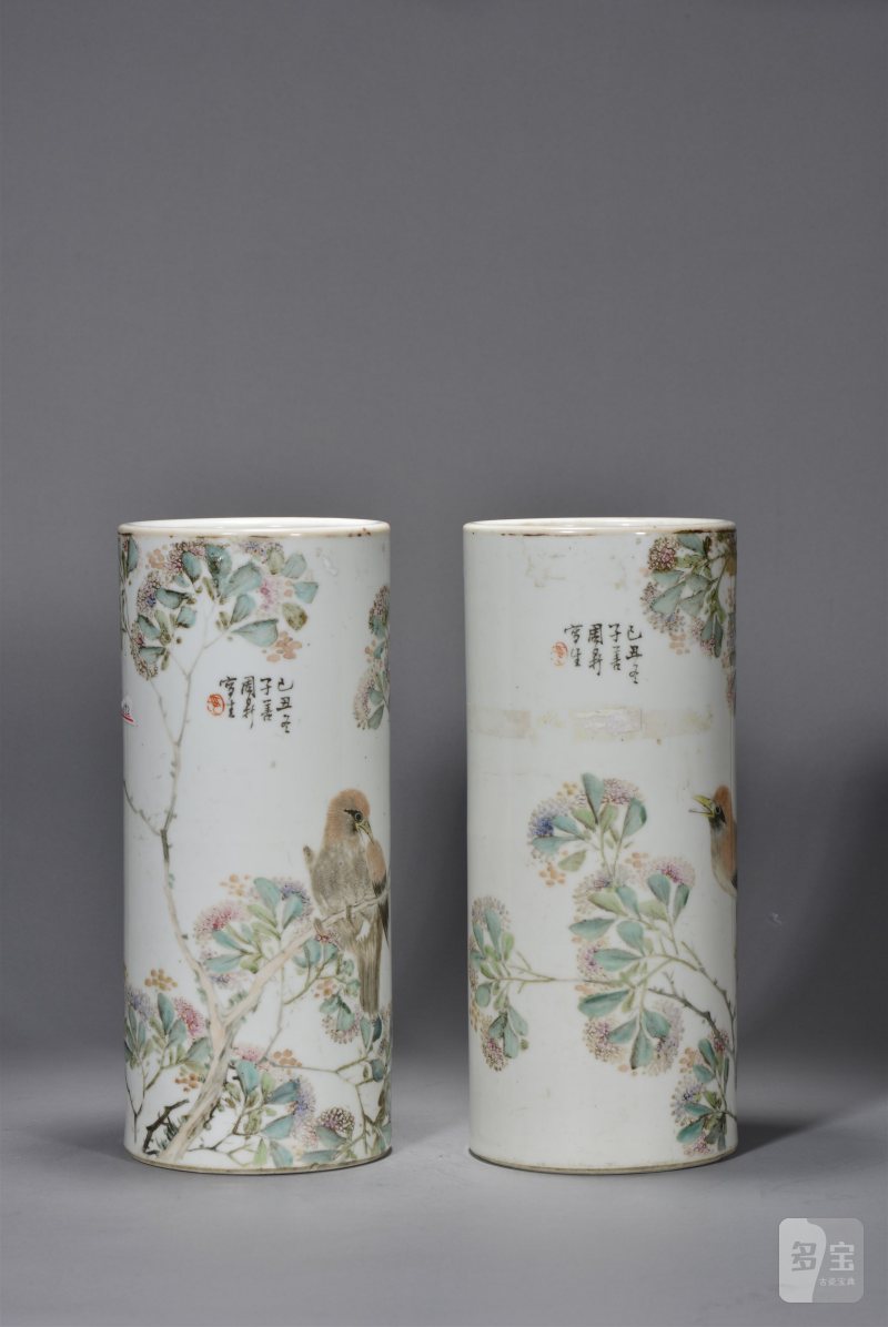 清光绪 周子善浅绛彩花鸟帽筒一对 - 图3